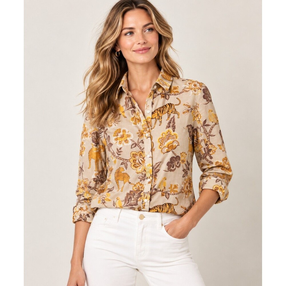 J. McLaughlin Lois Shirt M Tigris Blossom Tiger Leopard Floral  Button Down Top